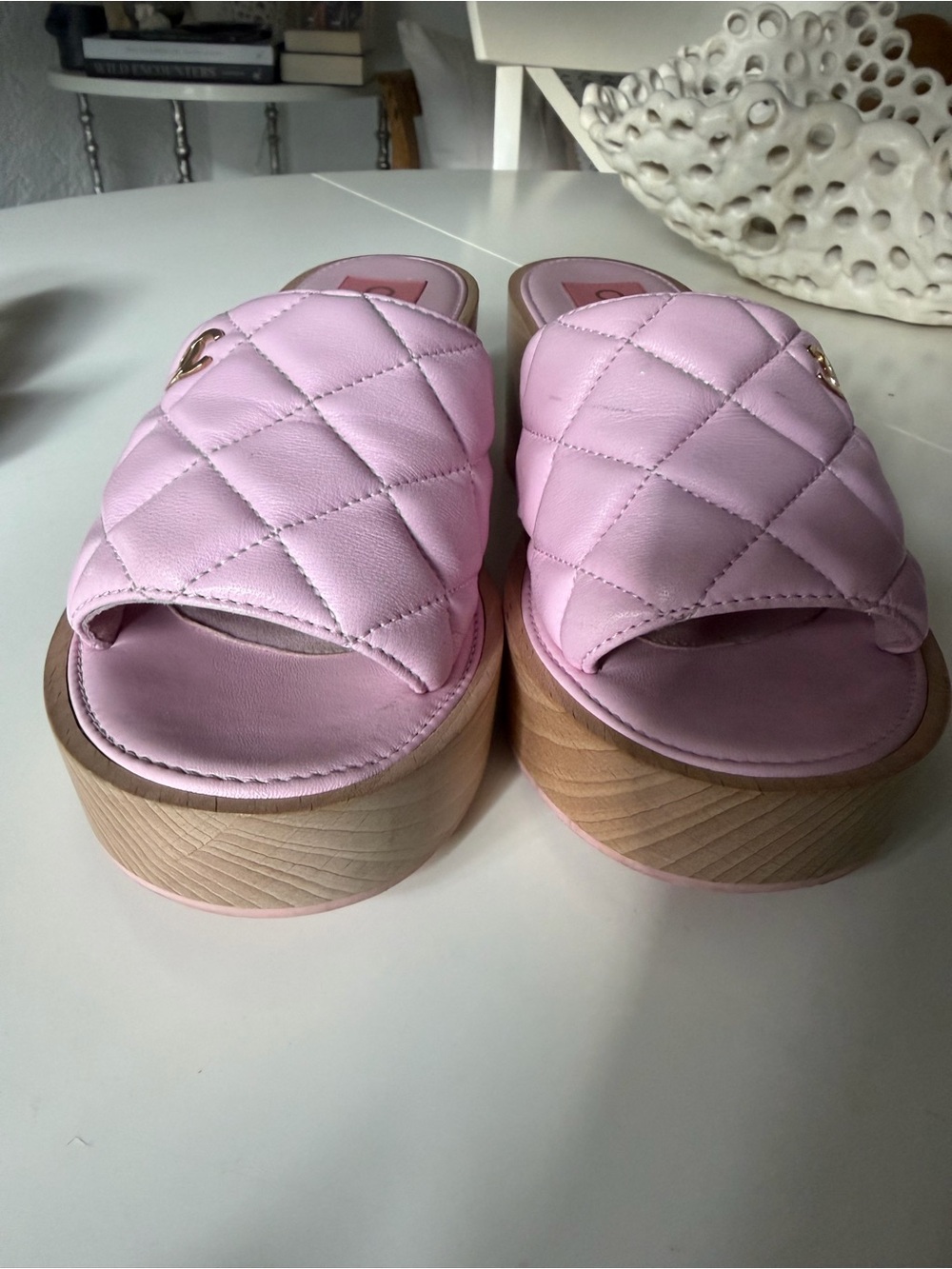 CHANEL Quilted Pink Leather Platform Slide Mules with Gold CC, Worn once - Picture 3 of 7